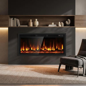 42 Inch Electric Fireplace Insert with Led Flame Effect and Sleek Metal Surround Design