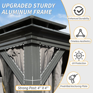 English Elm 12' Hardtop Gazebo with Built-In Drainage, Dual-Layer Galvanized Roof, Curtains & Mosquito Mesh Protection Gray W1859S00141