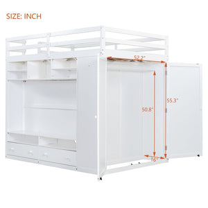 English Elm Full Size Loft Bed with Led Lighting Wardrobe Drawers and Shelves for Teen Rooms White LT000499AAK