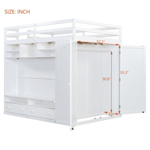 English Elm Full Size Loft Bed with Led Lighting Wardrobe Drawers and Shelves for Teen Rooms White LT000499AAK