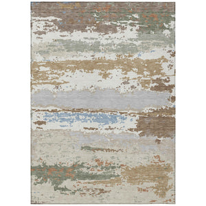 Abstract Washable Polyester Area Rug Low Pile Ivory Taupe for Indoor Outdoor Living