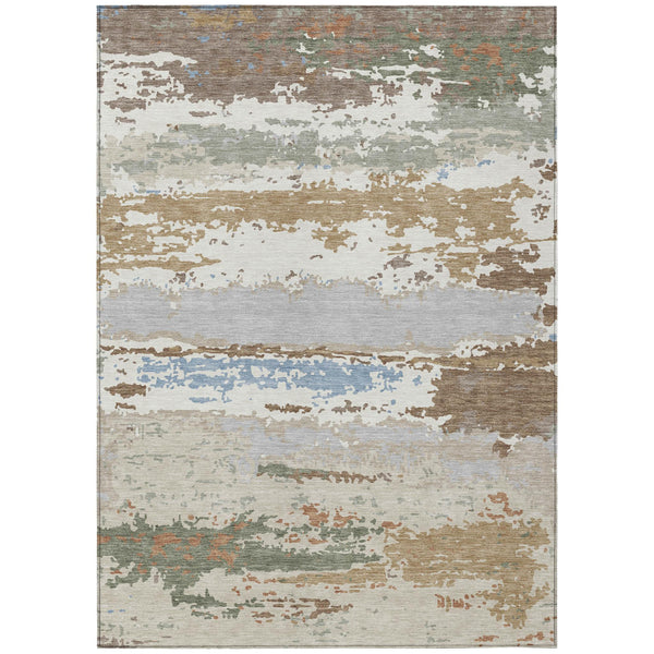 Abstract Washable Polyester Area Rug Low Pile Ivory Taupe for Indoor Outdoor Living