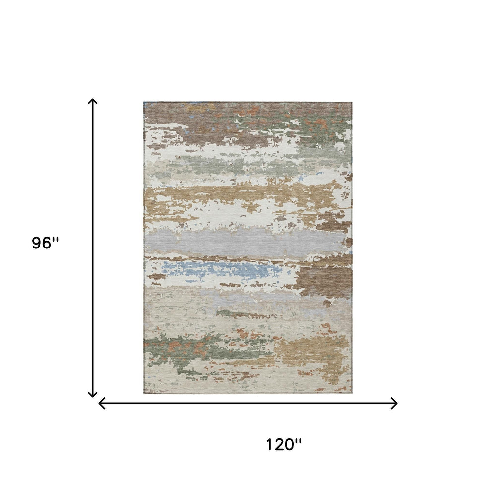 Abstract Washable Polyester Area Rug Low Pile Ivory Taupe for Indoor Outdoor Living