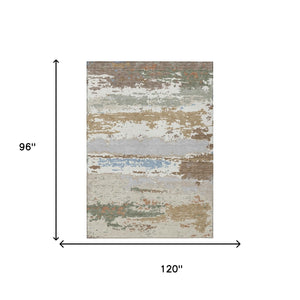 Abstract Washable Polyester Area Rug Low Pile Ivory Taupe for Indoor Outdoor Living