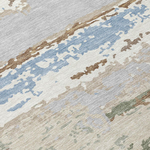 Abstract Washable Polyester Area Rug Low Pile Ivory Taupe for Indoor Outdoor Living