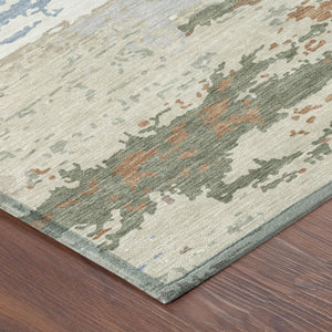 Abstract Washable Polyester Area Rug Low Pile Ivory Taupe for Indoor Outdoor Living
