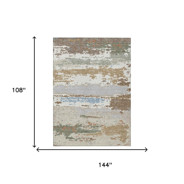 Abstract Washable Polyester Area Rug Low Pile Ivory Taupe for Indoor Outdoor Living