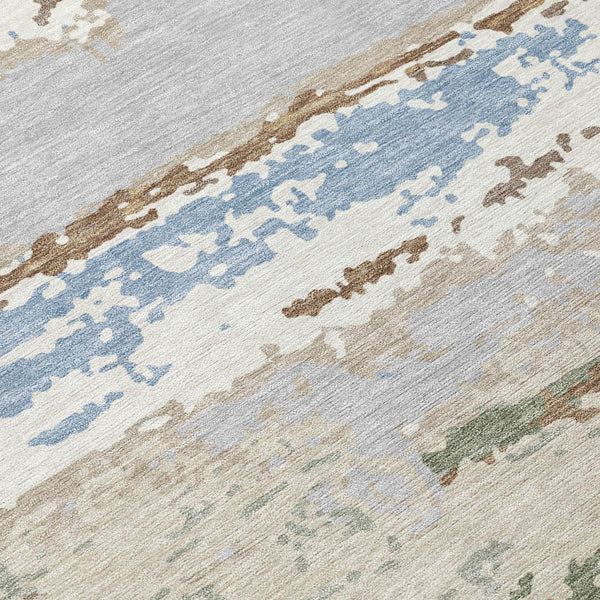 Abstract Washable Polyester Area Rug Low Pile Ivory Taupe for Indoor Outdoor Living