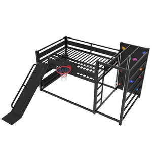 English Elm Twin Metal Loft Bed with Slide Basketball Hoop Climbing Wall and Built-in Shelves W1580S00343