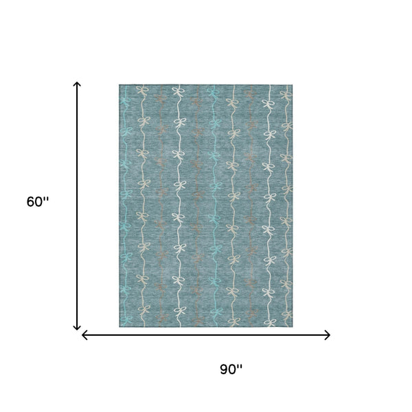 Southwestern Geometric Polyester Area Rug Washable Indoor Outdoor Teal Aqua Patio Living Room