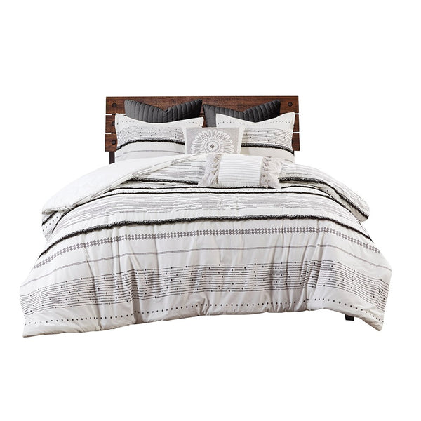English Elm Cotton Textured Comforter Set With Tufted Trims, Black/White King/Cal King - Boho Chic Style Upgrade B03596417