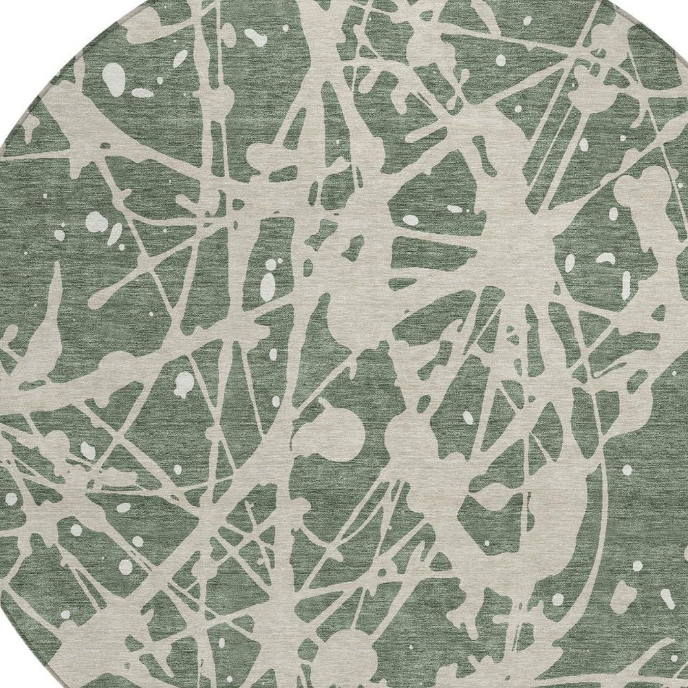 HomeRoots 8 Foot Round Washable Polyester Rug Abstract Green Beige Indoor Outdoor Patio 732575