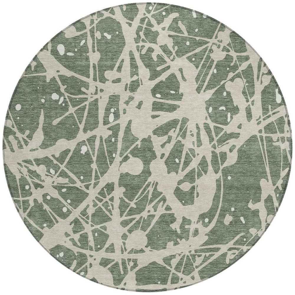 HomeRoots 8 Foot Round Washable Polyester Rug Abstract Green Beige Indoor Outdoor Patio 732575
