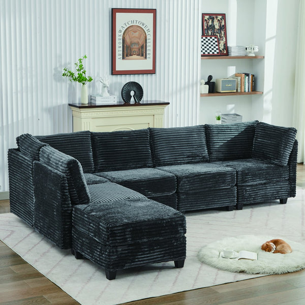 English Elm Corduroy Plush U-Shaped Sectional Sofa with Storage Ottoman, Pet-Friendly Durable Modular Comfort Grey W2915S00064
