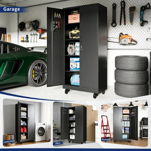 English Elm Heavy Steel Garage Cabinet with Pegboard Doors Locking Wheels and Adjustable Shelving T2398P465997