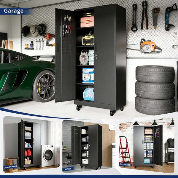 English Elm Heavy Steel Garage Cabinet with Pegboard Doors Locking Wheels and Adjustable Shelving T2398P465997