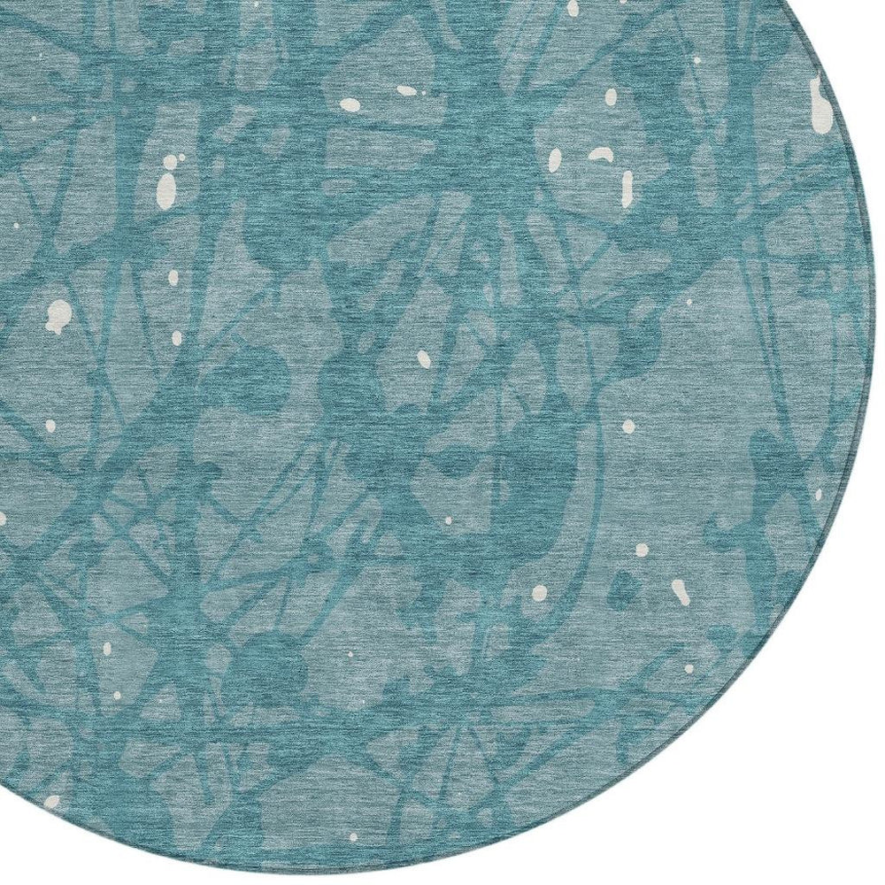 HomeRoots 8 Ft Round Teal Aqua Abstract Washable Polyester Rug for Indoor Outdoor Spaces 732635