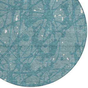 HomeRoots 8 Ft Round Teal Aqua Abstract Washable Polyester Rug for Indoor Outdoor Spaces 732635
