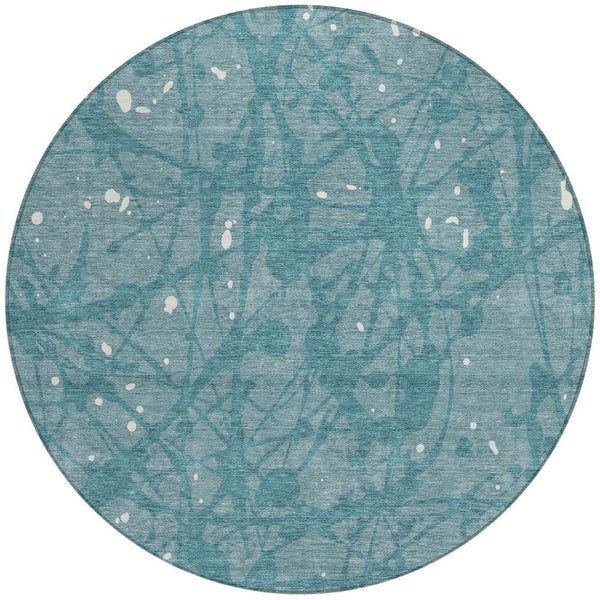 8 Ft Round Teal Aqua Abstract Washable Polyester Rug for Indoor Outdoor Spaces