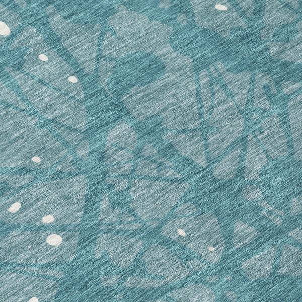 8 Ft Round Teal Aqua Abstract Washable Polyester Rug for Indoor Outdoor Spaces