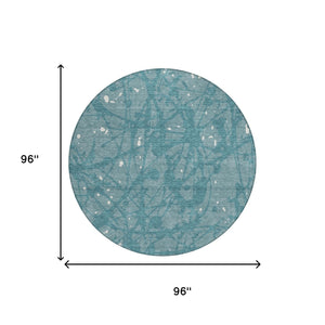 8 Ft Round Teal Aqua Abstract Washable Polyester Rug for Indoor Outdoor Spaces