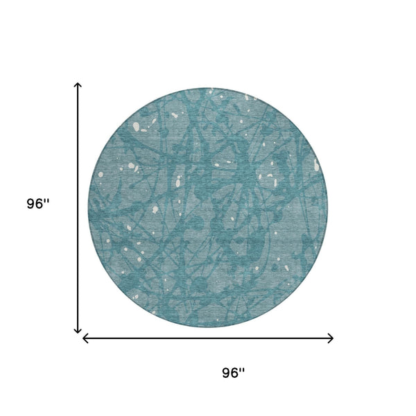 8 Ft Round Teal Aqua Abstract Washable Polyester Rug for Indoor Outdoor Spaces