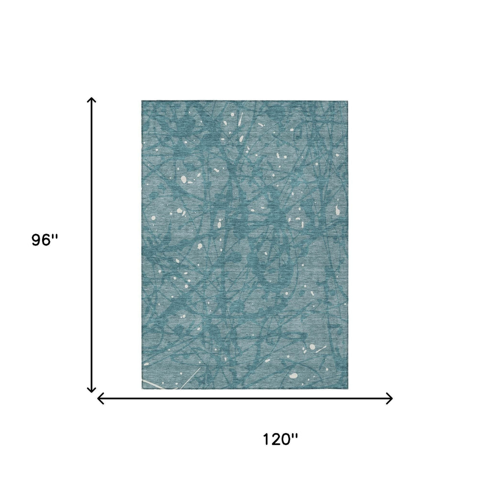 8 X 10 Abstract Teal Aqua Washable Polyester Rug for Patios and Living Rooms