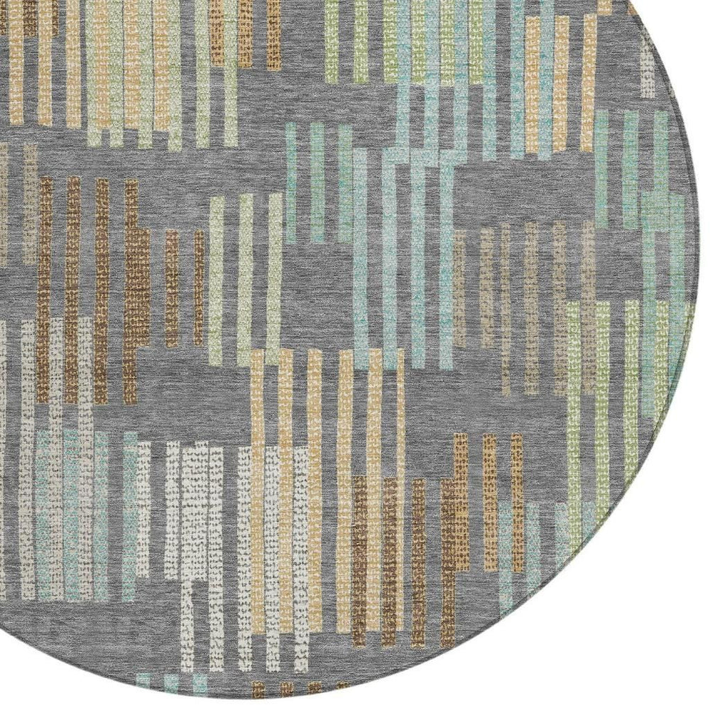 HomeRoots 8 Ft Round Striped Polyester Area Rug Washable for Patio Porch or Indoor Living 732665