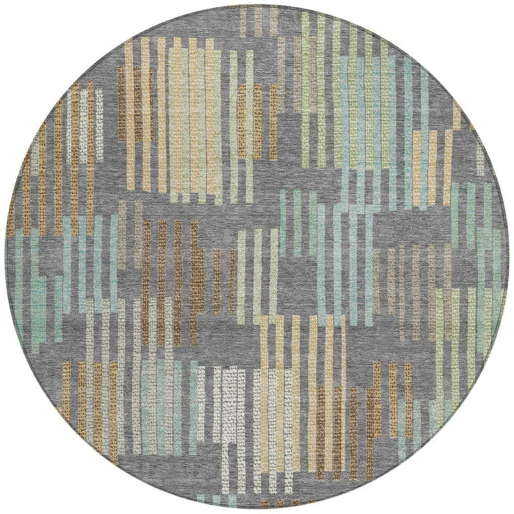 HomeRoots 8 Ft Round Striped Polyester Area Rug Washable for Patio Porch or Indoor Living 732665