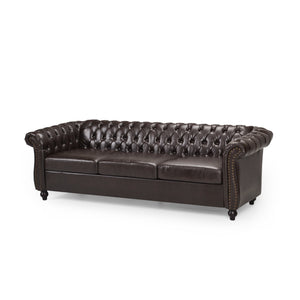 English Elm Christopher Knight Home® - 3 Seater Chesterfield Sofa with Button Tufted Diamond Stitch, Nailhead Accents & Scrolled Arms - Low Profile Brown N771P262584W