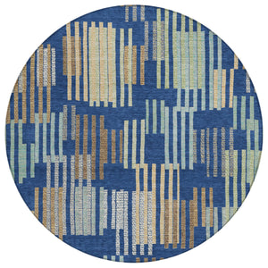 8 Ft Round Striped Polyester Area Rug Washable for Patio Coastal Navy Gold