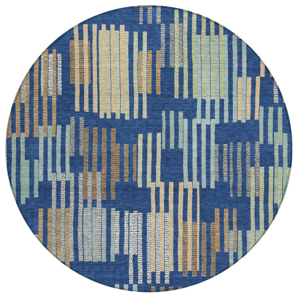 8 Ft Round Striped Polyester Area Rug Washable for Patio Coastal Navy Gold