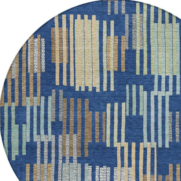 HomeRoots 8 Ft Round Striped Polyester Area Rug Washable for Patio Coastal Navy Gold 732677
