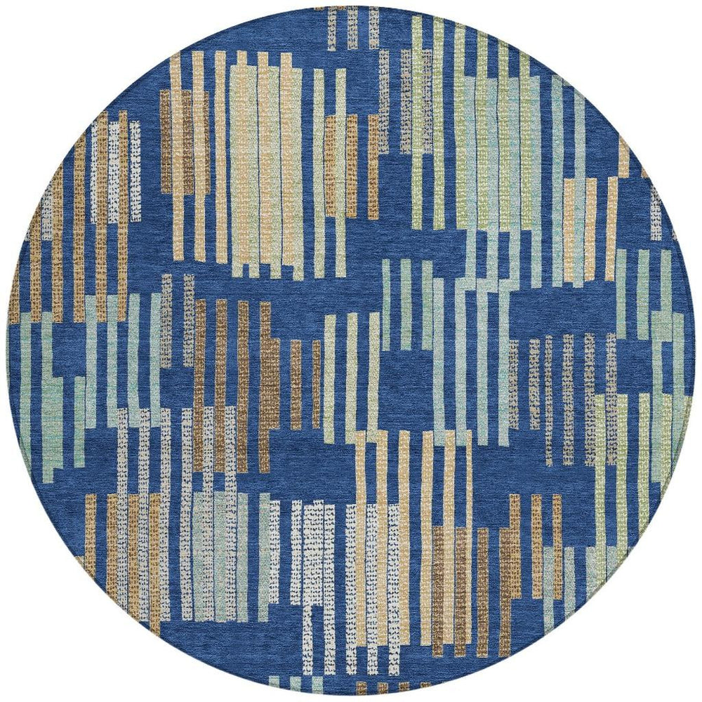 HomeRoots 8 Ft Round Striped Polyester Area Rug Washable for Patio Coastal Navy Gold 732677