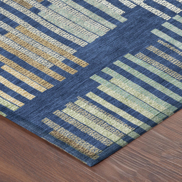 8 Ft Round Striped Polyester Area Rug Washable for Patio Coastal Navy Gold