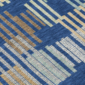 8 Ft Round Striped Polyester Area Rug Washable for Patio Coastal Navy Gold