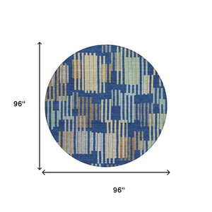 8 Ft Round Striped Polyester Area Rug Washable for Patio Coastal Navy Gold