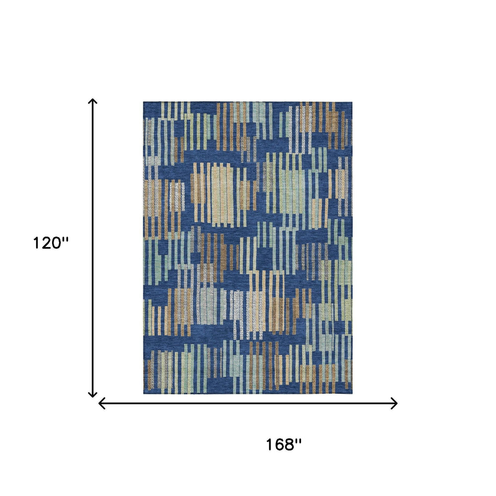 HomeRoots Striped Navy Gold Washable Polyester Indoor Outdoor Area Rug for Patio or Living Room 10' x 14' 732680