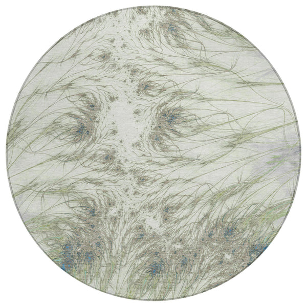 8 Ft Round Oriental Polyester Area Rug Machine Washable Indoor Outdoor Green
