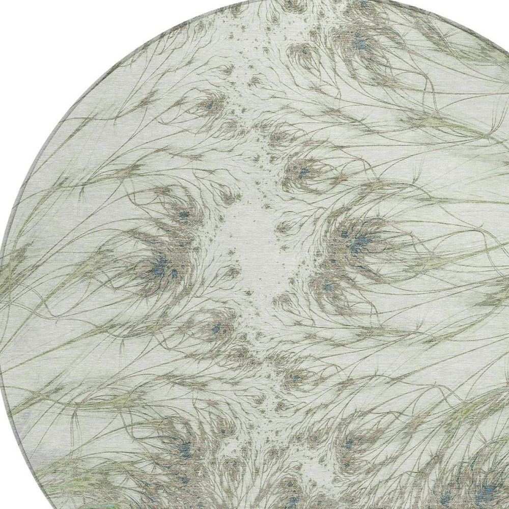 HomeRoots 8 Ft Round Oriental Polyester Area Rug Machine Washable Indoor Outdoor Green 732689