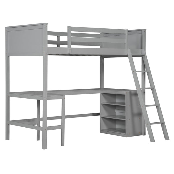 English Elm Twin Loft Bed with Built-in Desk and Open Shelves Solid Pine Kids Study Sleep Gray LT001537AAE-1