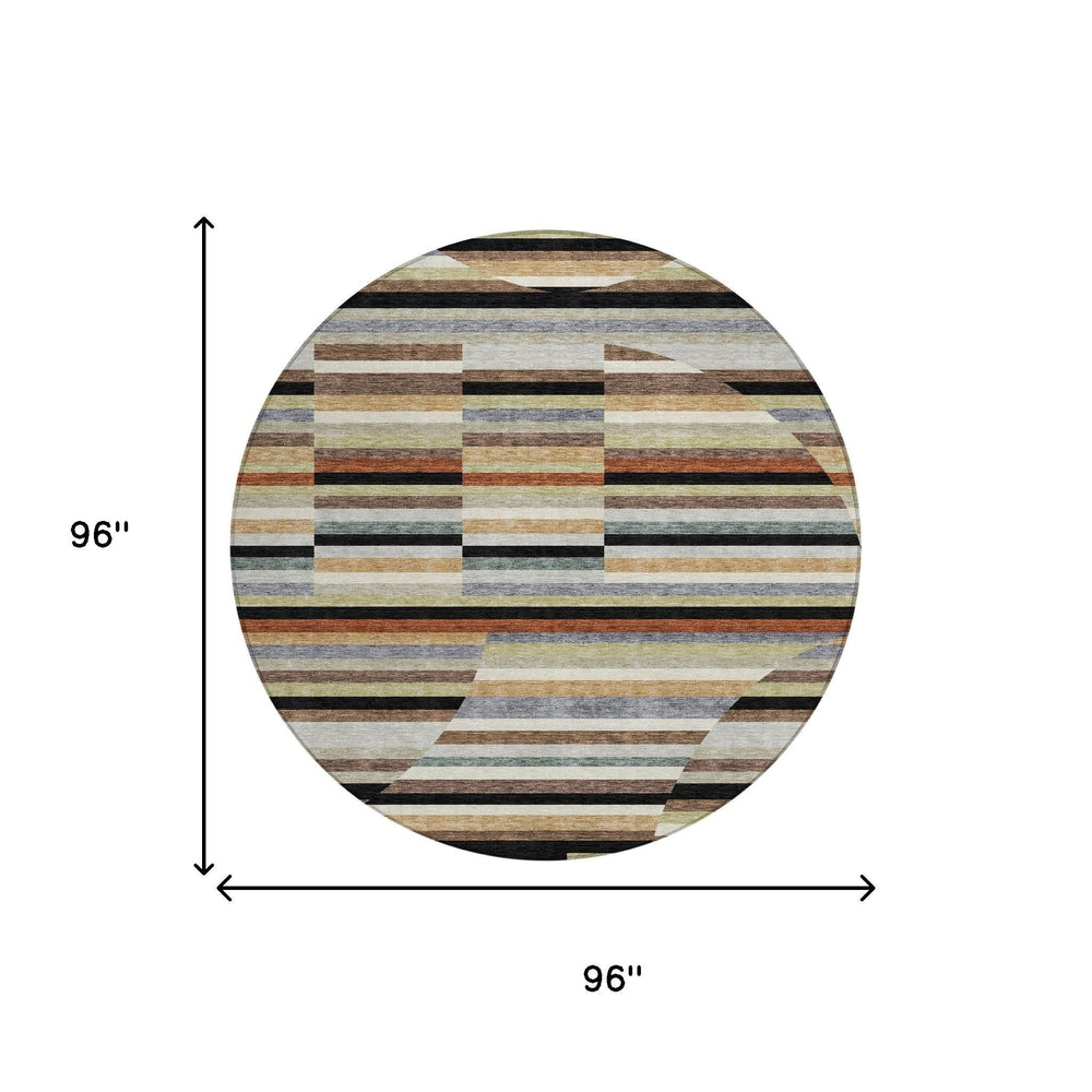 8 Ft Round Striped Polyester Area Rug Washable Indoor Outdoor Patio Geometric