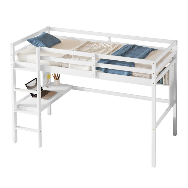 English Elm Twin Loft Bed with Built-In Desk and Bookcase, Pine Frame, Safety Guardrail, Ladder for Study Space White W504P181854