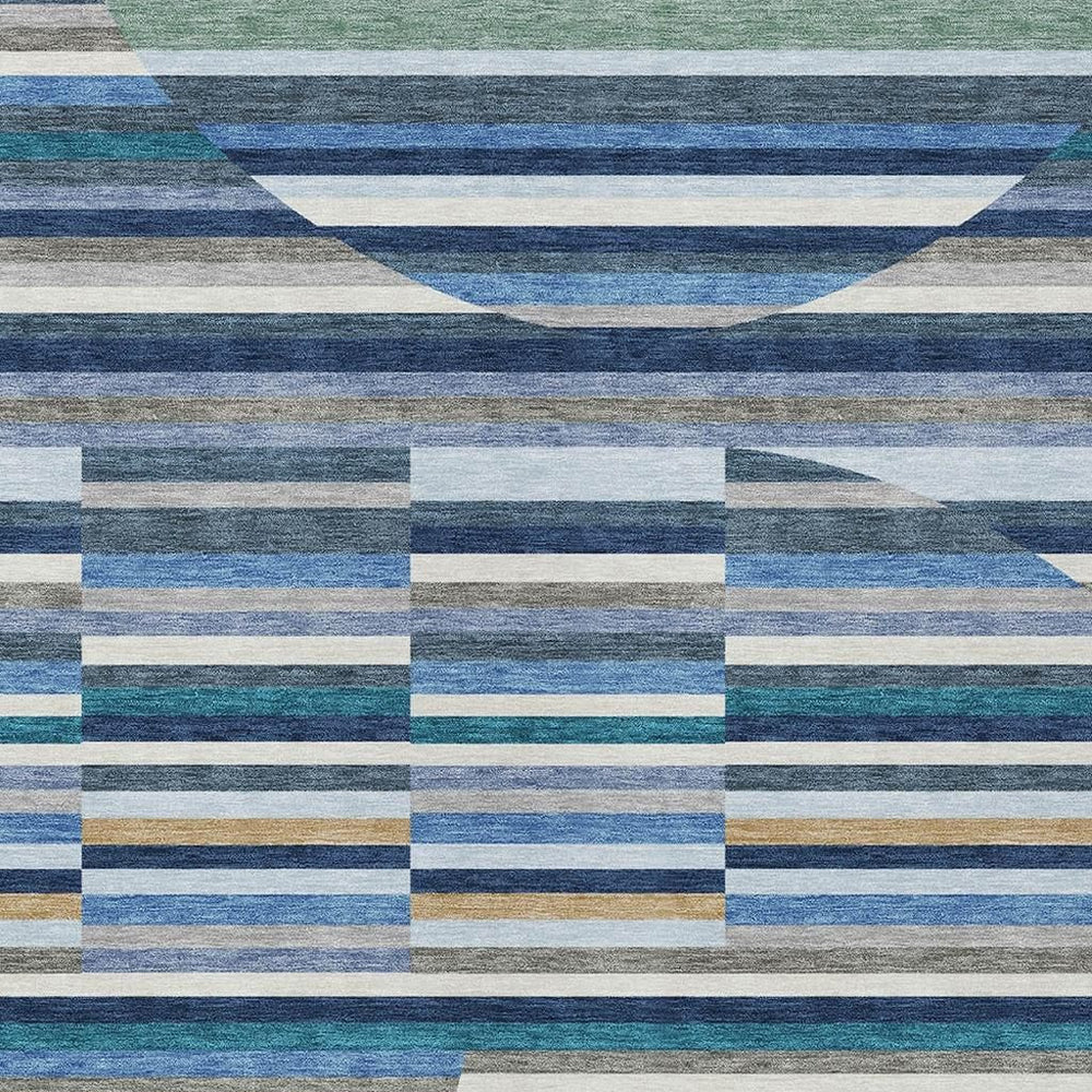 HomeRoots 5x8 Navy Sky Blue Striped Polyester Area Rug Washable for Patio and Entryway 732724