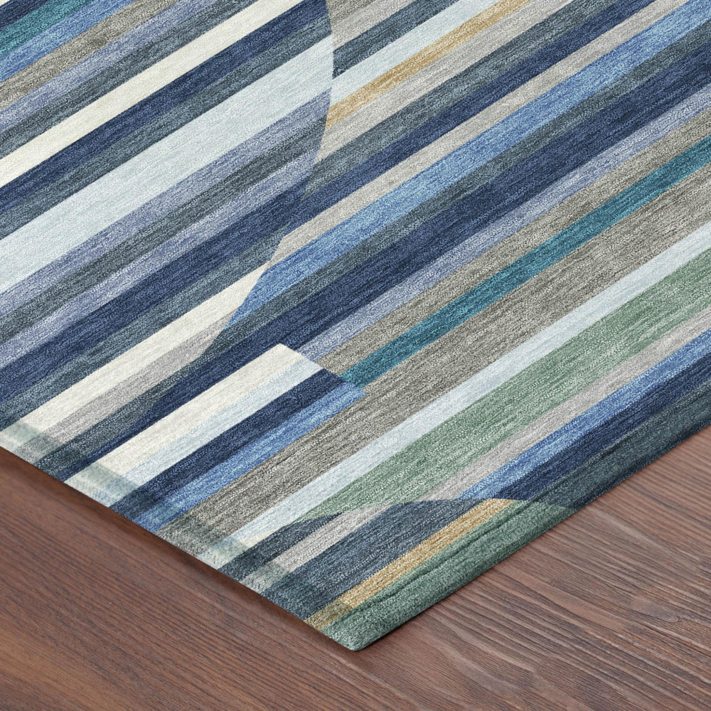 9 X 12 Navy Striped Washable Polyester Area Rug for Patios and Living Rooms