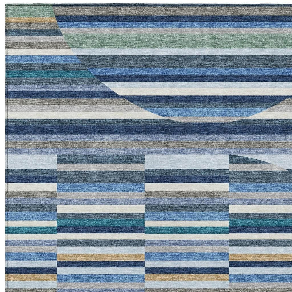 HomeRoots 10x14 Striped Indoor Outdoor Washable Rug Navy Coastal Polyester Low Pile Area Rug 732728