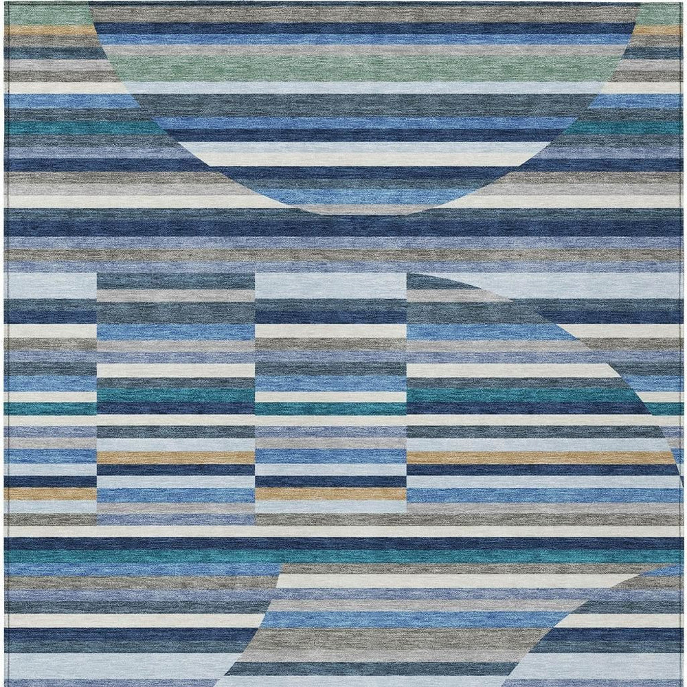 HomeRoots 10x14 Striped Indoor Outdoor Washable Rug Navy Coastal Polyester Low Pile Area Rug 732728