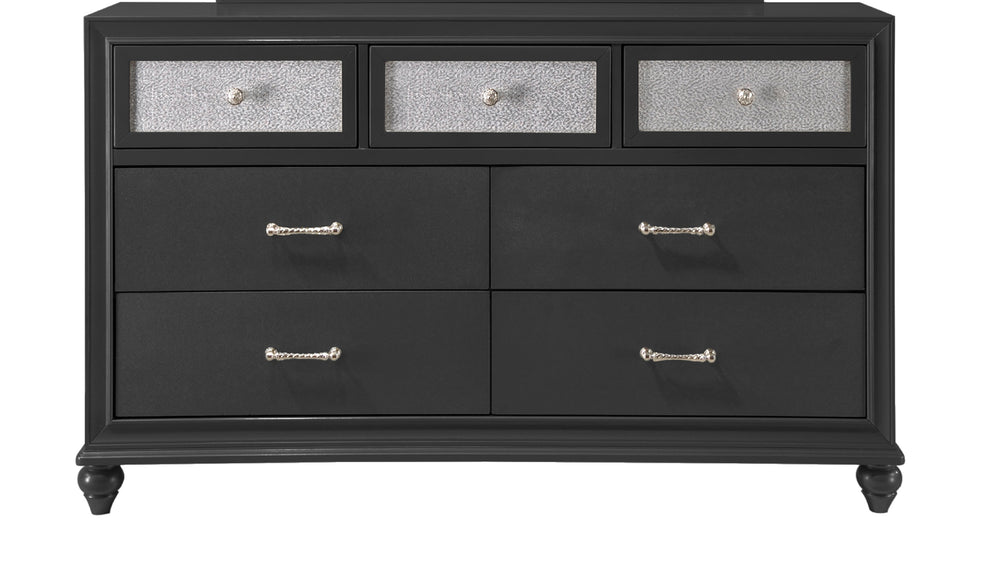 English Elm 1pc Glam Five Drawer Tall Bedroom Chest with Shimmer Accent Top Drawer, Bar Handles, Solid Wood Appeal Black 66.57 L x 19.33 W x 36.54 H B011P234294