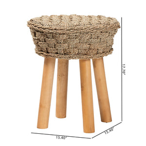 English Elm Modern Woven Seagrass Acacia Wood Stool Bohemian Accent for Living Spaces B2750P467716