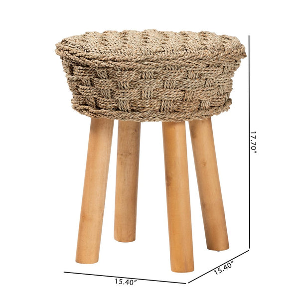 English Elm Modern Woven Seagrass Acacia Wood Stool Bohemian Accent for Living Spaces B2750P467716